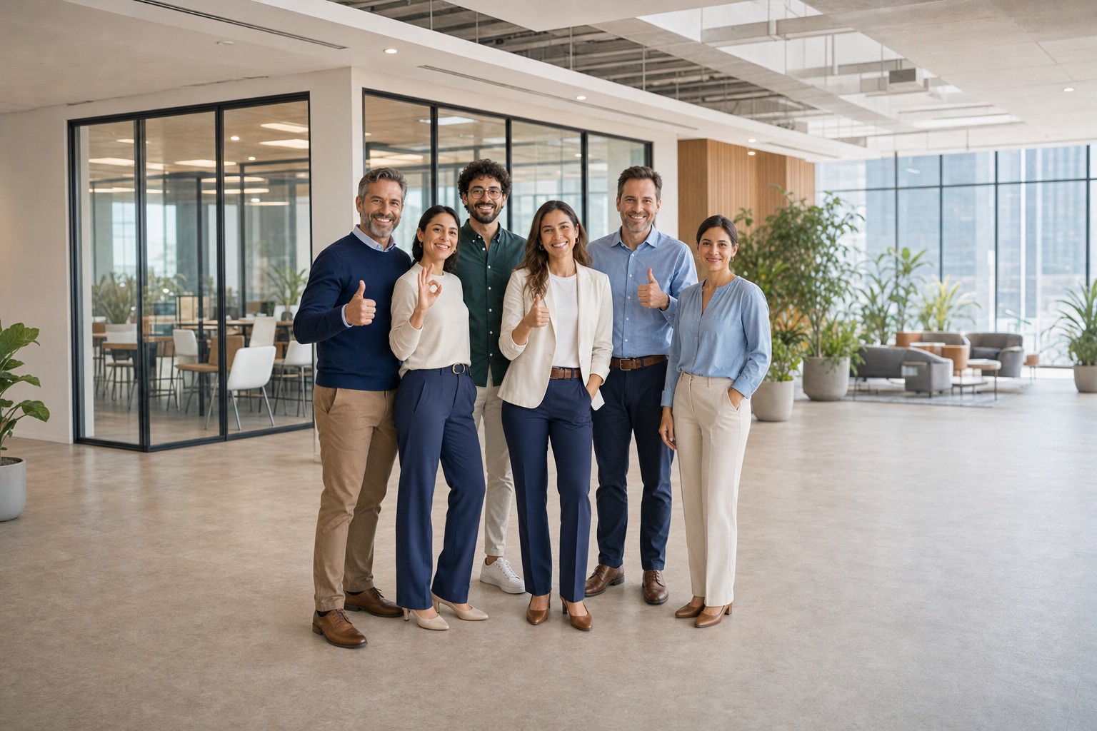 Equipo de seis trabajadores de oficina sonriendo en un ambiente laboral