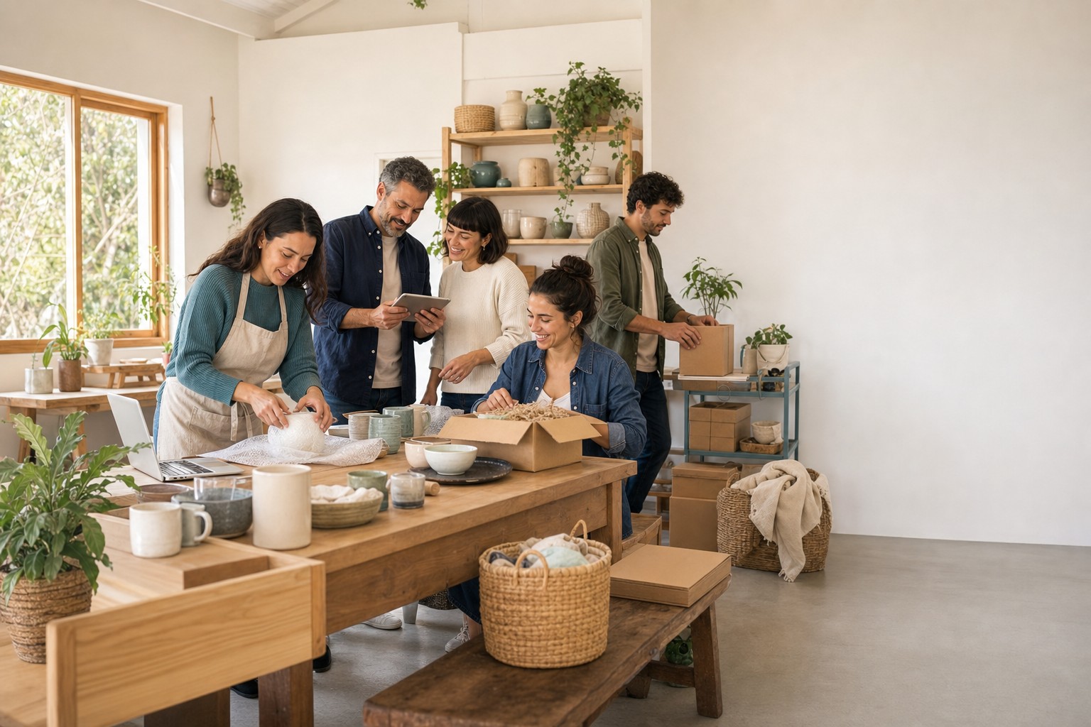 Equipo de cinco personas trabajando en un emprendimiento de escala Pyme