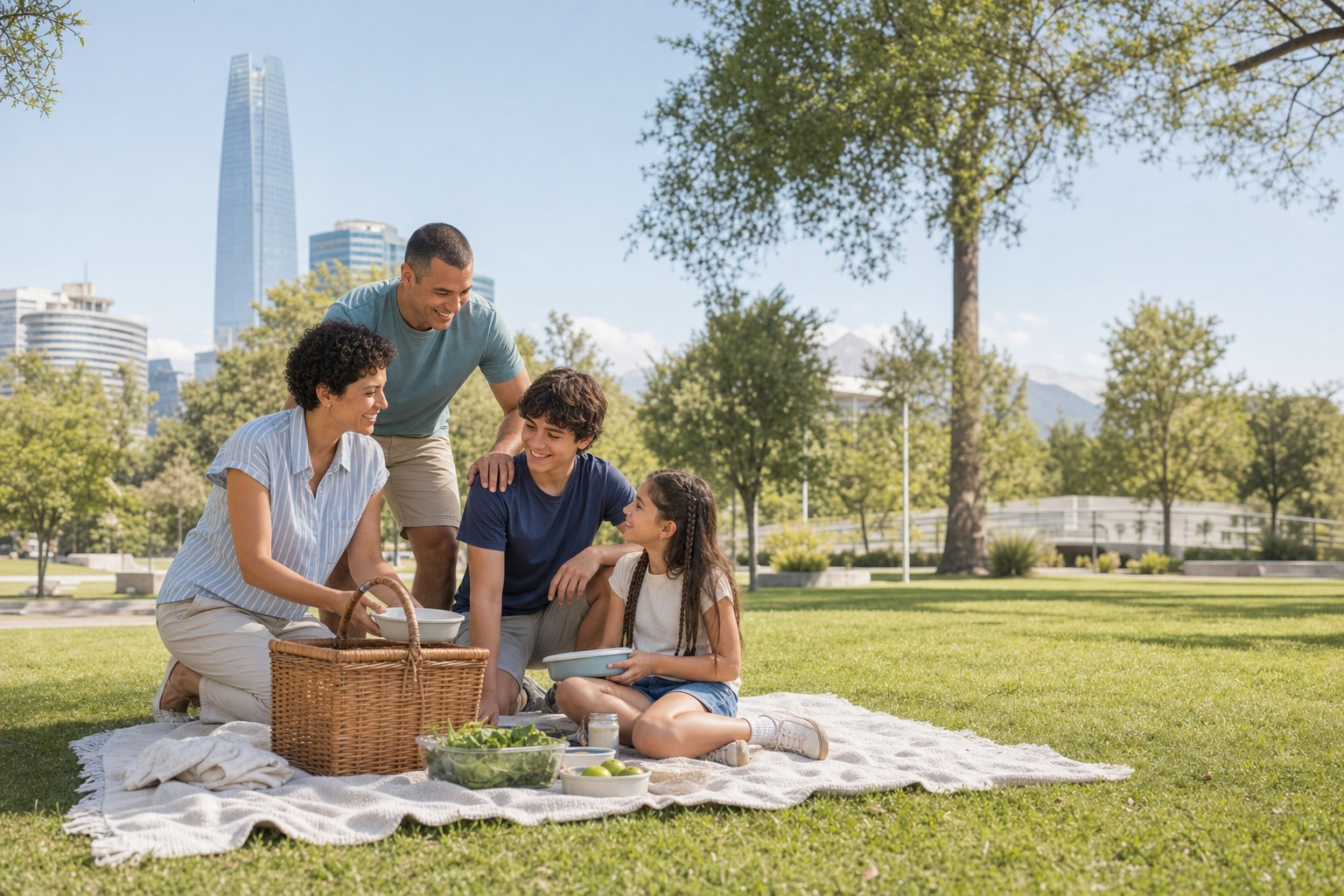 Familia de cuatro integrantes compartiendo un momento en un parque