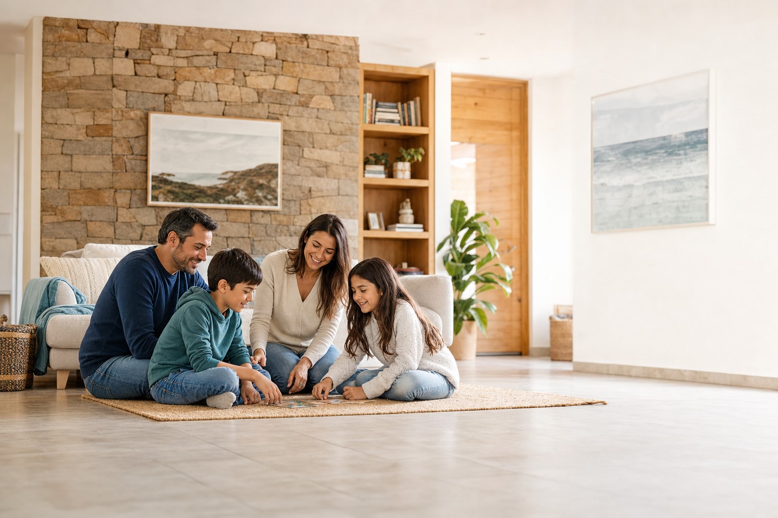 Familia de cuatro integrantes compartiendo en un hogar luminoso