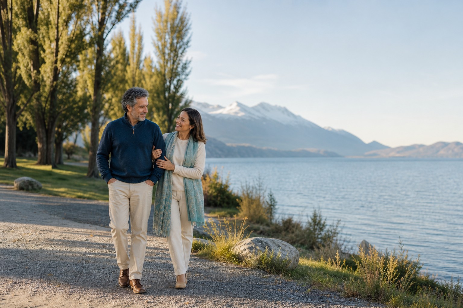 Pareja madura activa caminando junto a un lago y montañas